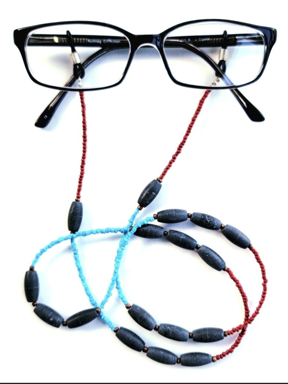Handmade beaded eyeglass chain - grey natural stone, red blue glass seed beads